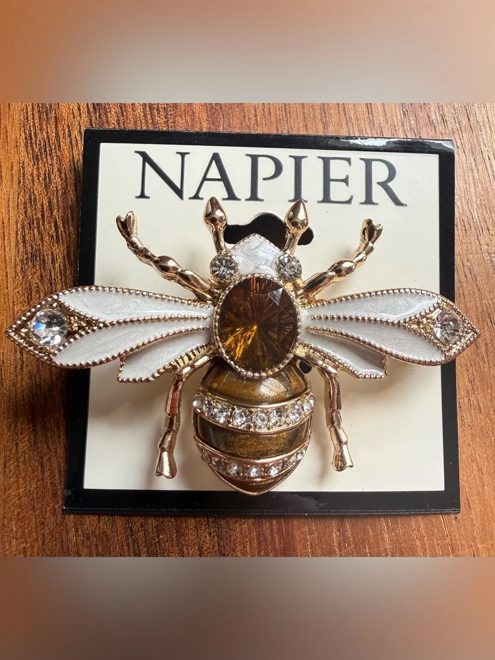 Napier Gold-Tone Bee Brooch with White Enamel Wings and Amber Center Rhinestone